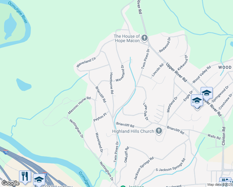 map of restaurants, bars, coffee shops, grocery stores, and more near 1615 Hawthorne Road in Macon