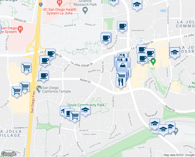 map of restaurants, bars, coffee shops, grocery stores, and more near 4064 Regents Road in San Diego