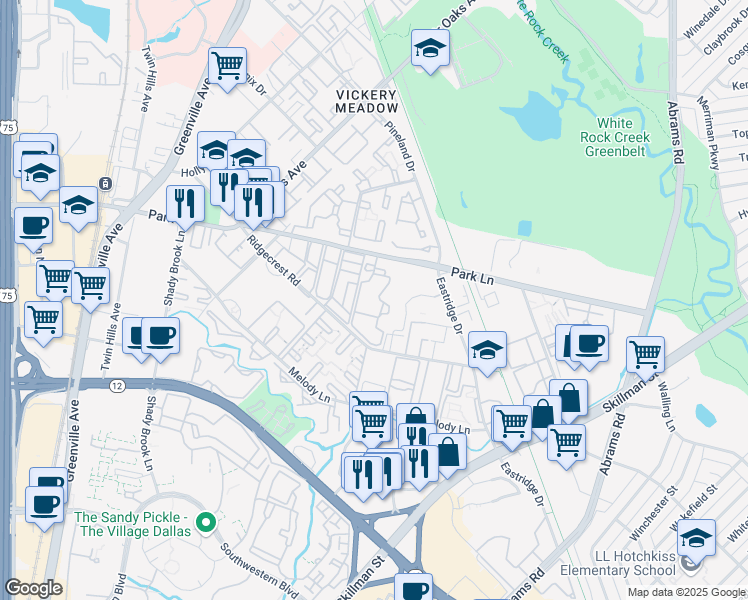map of restaurants, bars, coffee shops, grocery stores, and more near 8620 Park Lane in Dallas