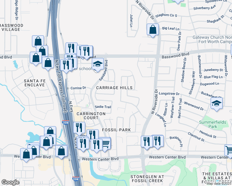 map of restaurants, bars, coffee shops, grocery stores, and more near 6813 Danieldale Drive in Fort Worth