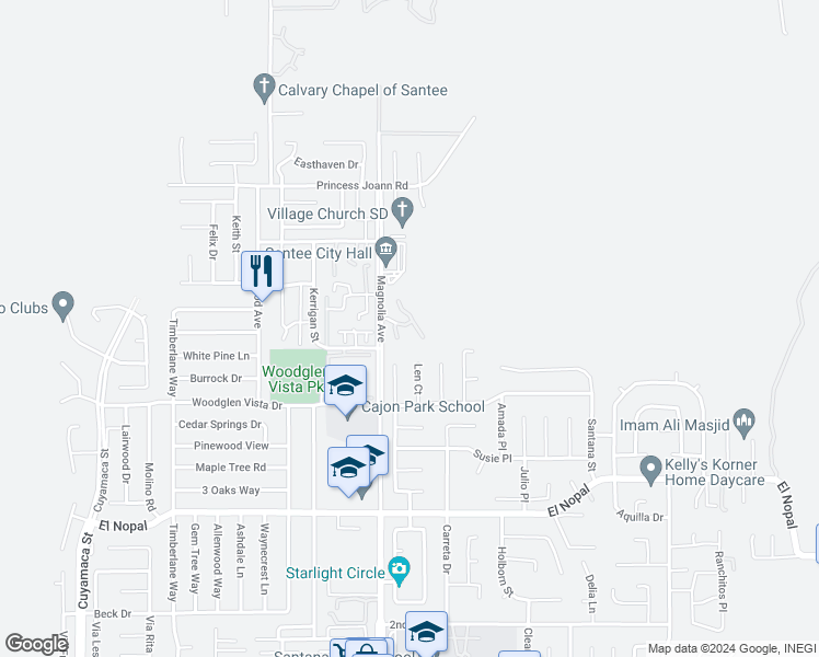 map of restaurants, bars, coffee shops, grocery stores, and more near 10510 Flora Camellia Court in Santee