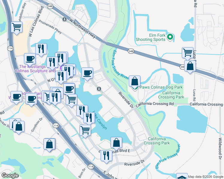 map of restaurants, bars, coffee shops, grocery stores, and more near 851 Lake Carolyn Parkway in Irving