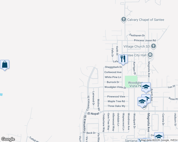 map of restaurants, bars, coffee shops, grocery stores, and more near 10496 Chaparral Drive in Santee