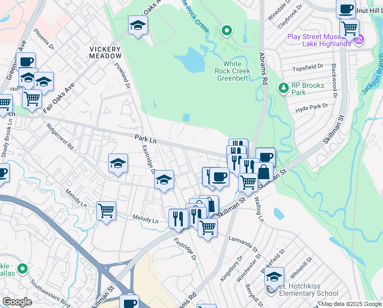 map of restaurants, bars, coffee shops, grocery stores, and more near 6864 Larmanda Street in Dallas