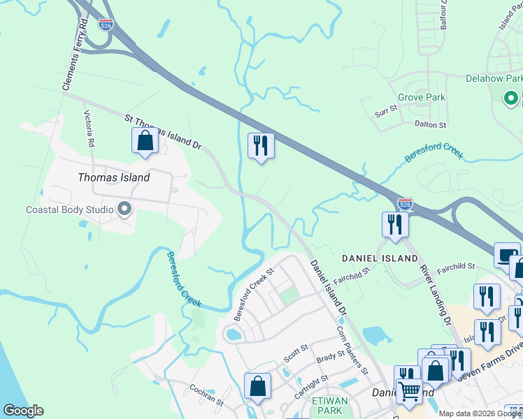 map of restaurants, bars, coffee shops, grocery stores, and more near 1931 Daniel Island Drive in Charleston
