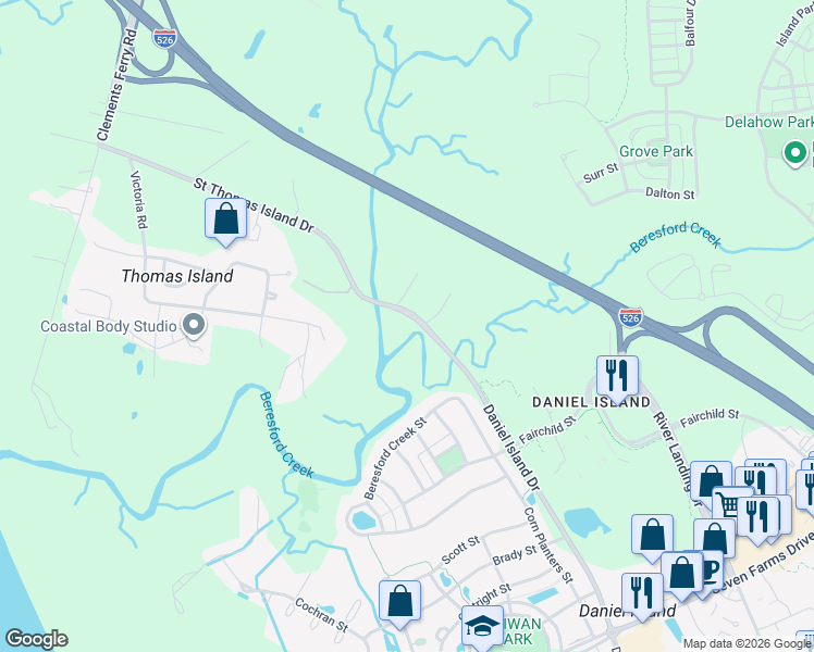 map of restaurants, bars, coffee shops, grocery stores, and more near 1931 Daniel Island Drive in Charleston