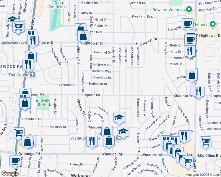 map of restaurants, bars, coffee shops, grocery stores, and more near 6050 Hill Court in Watauga