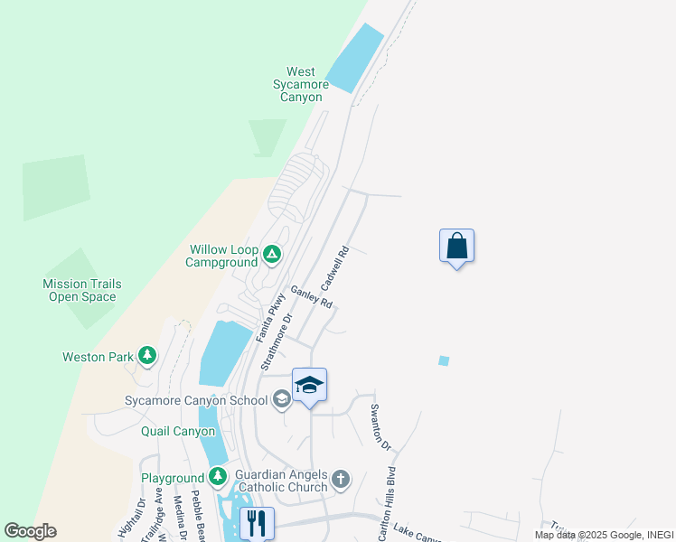 map of restaurants, bars, coffee shops, grocery stores, and more near 10447 Cadwell Road in Santee