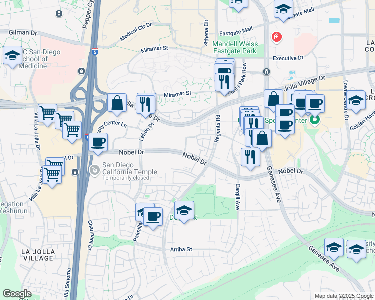 map of restaurants, bars, coffee shops, grocery stores, and more near 3956 Nobel Drive in San Diego