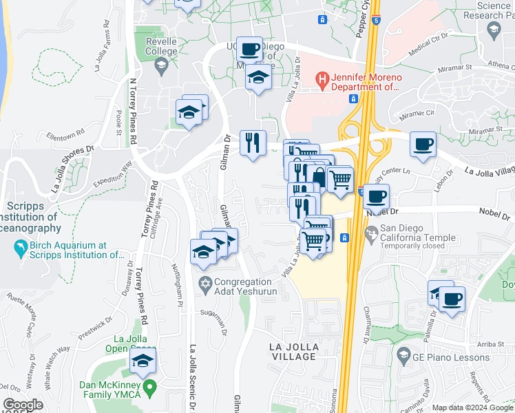 map of restaurants, bars, coffee shops, grocery stores, and more near 3123 Morning Way in San Diego