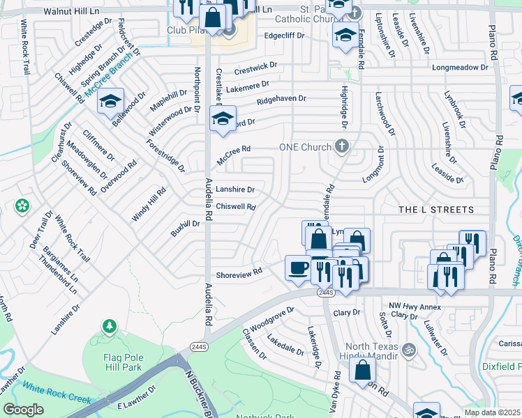map of restaurants, bars, coffee shops, grocery stores, and more near 8752 Aldwick Drive in Dallas