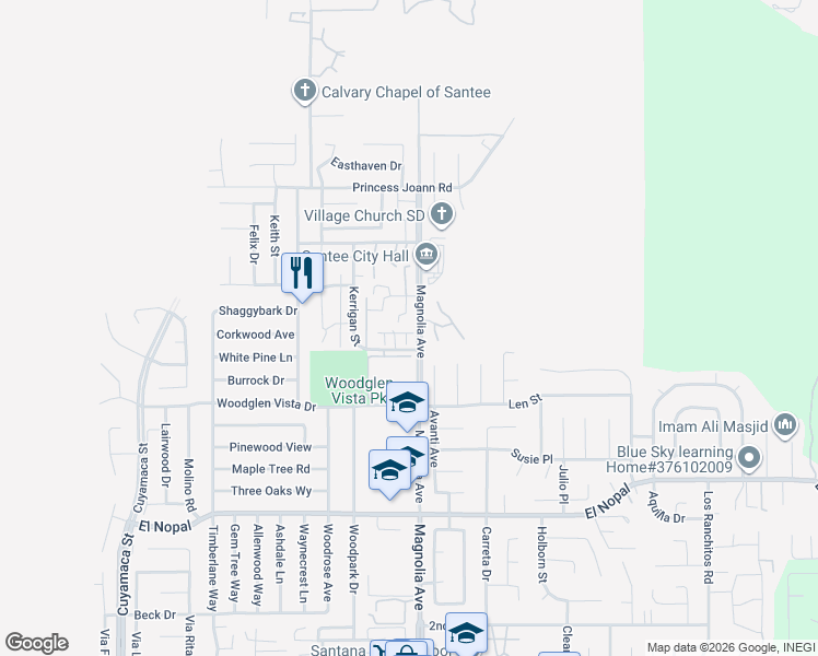 map of restaurants, bars, coffee shops, grocery stores, and more near 10352 Kerrigan Street in Santee