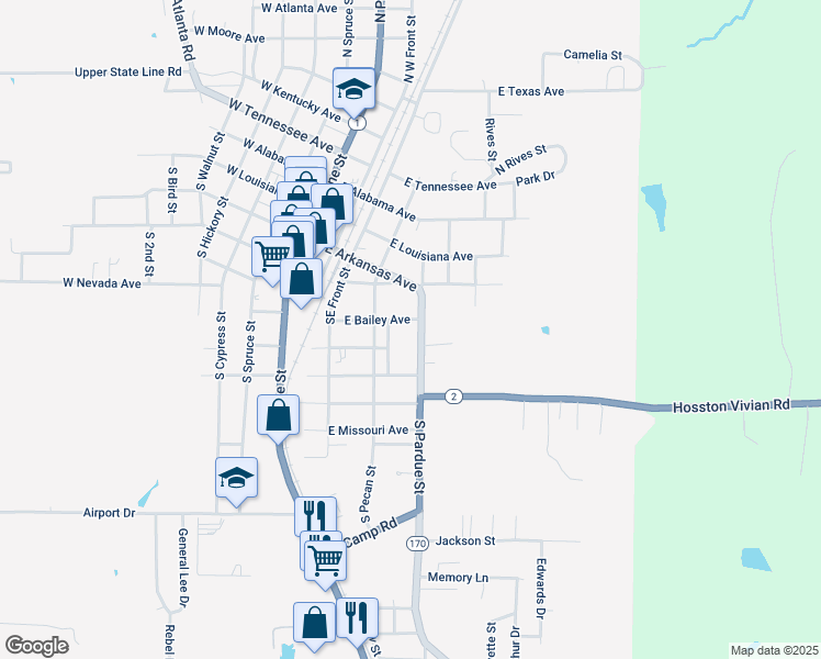 map of restaurants, bars, coffee shops, grocery stores, and more near 350 South Pardue Street in Vivian