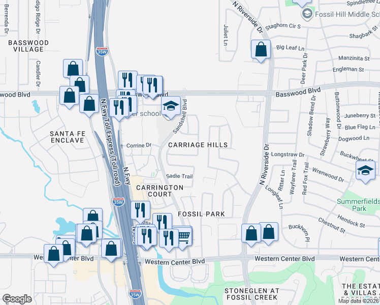 map of restaurants, bars, coffee shops, grocery stores, and more near 7044 Welshman Drive in Fort Worth