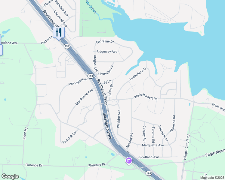 map of restaurants, bars, coffee shops, grocery stores, and more near 105 Timberlake Drive in Azle