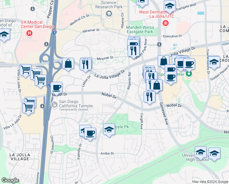 map of restaurants, bars, coffee shops, grocery stores, and more near 3990 Nobel Drive in San Diego