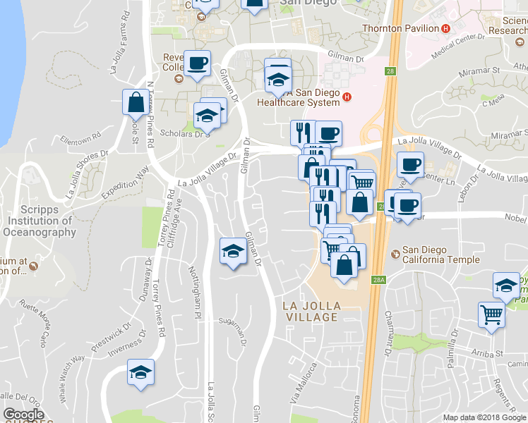 map of restaurants, bars, coffee shops, grocery stores, and more near 3163 Evening Way in San Diego