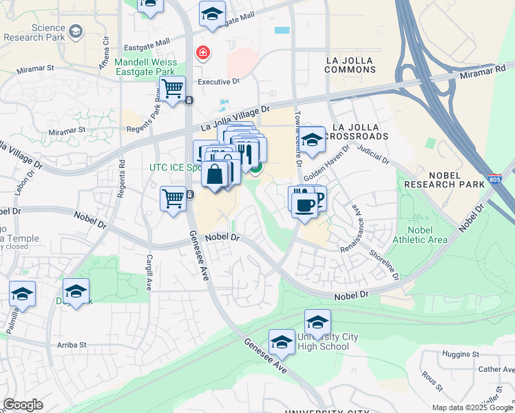 map of restaurants, bars, coffee shops, grocery stores, and more near 8983 Via Andar in San Diego