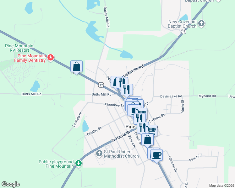map of restaurants, bars, coffee shops, grocery stores, and more near 111 Butts Mill Road in Pine Mountain
