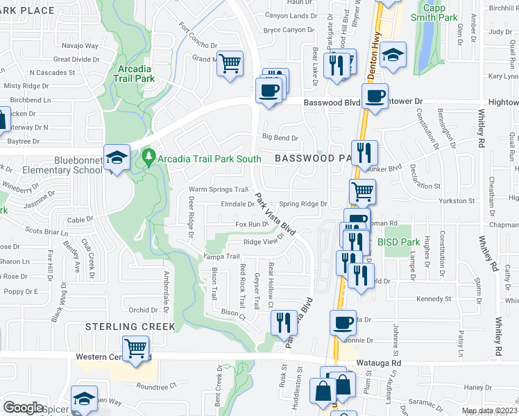 map of restaurants, bars, coffee shops, grocery stores, and more near 7000 Woodbridge Court in Watauga