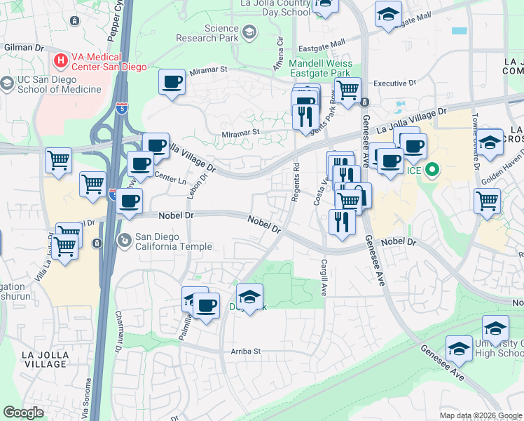 map of restaurants, bars, coffee shops, grocery stores, and more near 3990 Nobel Drive in San Diego