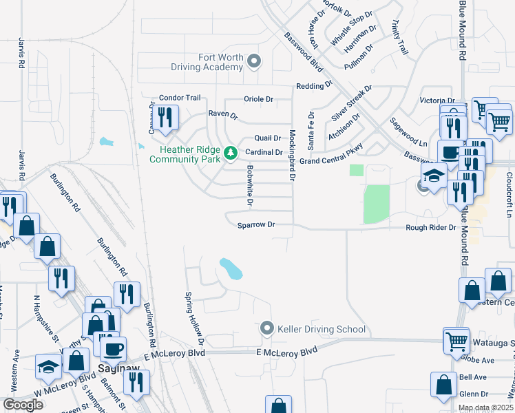 map of restaurants, bars, coffee shops, grocery stores, and more near 625 Redwing Drive in Saginaw