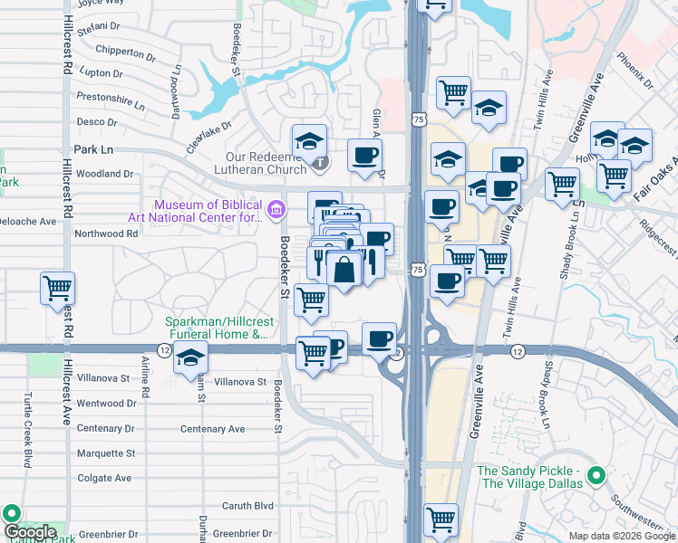 map of restaurants, bars, coffee shops, grocery stores, and more near 8687 North Central Expressway in Dallas