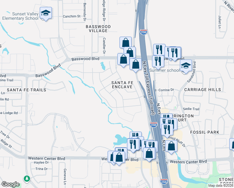 map of restaurants, bars, coffee shops, grocery stores, and more near 7001 San Antonio Drive in Fort Worth