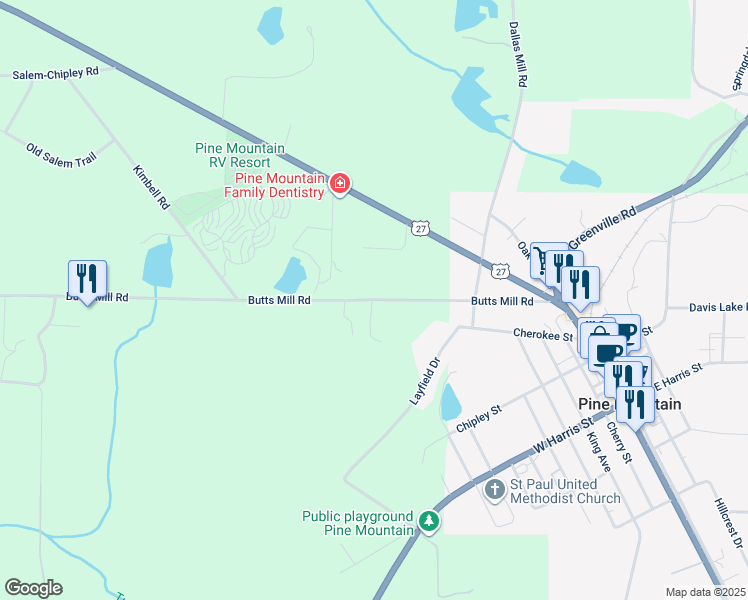 map of restaurants, bars, coffee shops, grocery stores, and more near Butts Mill Road in Pine Mountain