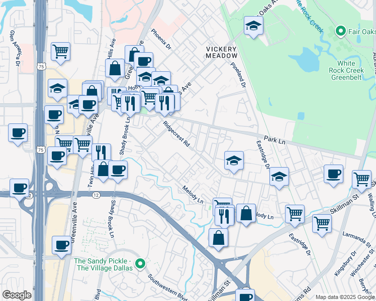 map of restaurants, bars, coffee shops, grocery stores, and more near 6050 Ridgecrest Road in Dallas