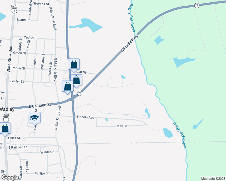 map of restaurants, bars, coffee shops, grocery stores, and more near 506 Bell Street in Wadley