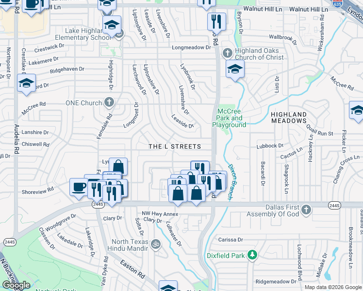 map of restaurants, bars, coffee shops, grocery stores, and more near 8863 Larchwood Drive in Dallas