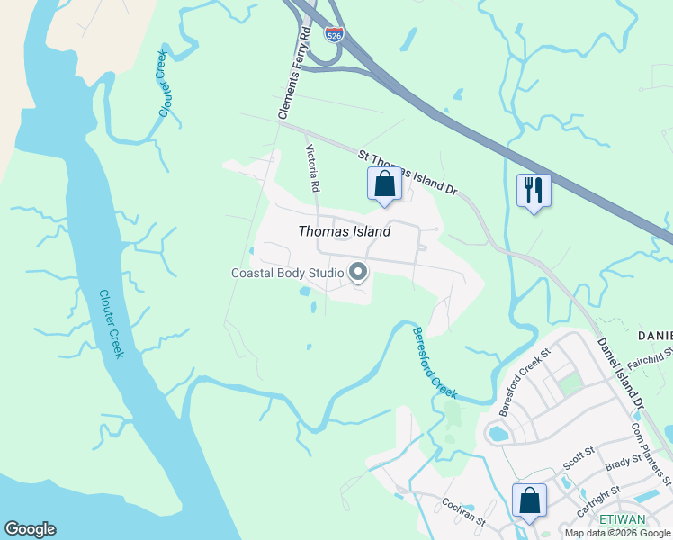 map of restaurants, bars, coffee shops, grocery stores, and more near 120 Antilles Circle in Charleston