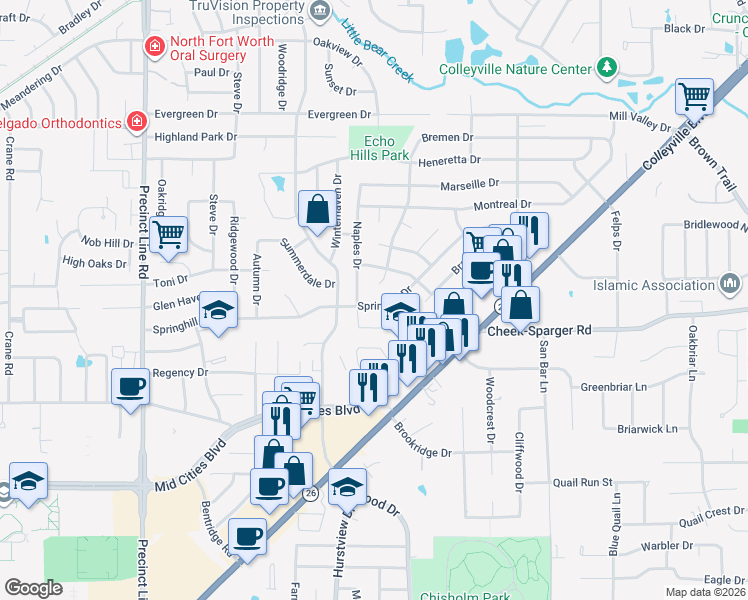 map of restaurants, bars, coffee shops, grocery stores, and more near 512 Quail Cove Court in Hurst