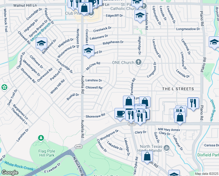 map of restaurants, bars, coffee shops, grocery stores, and more near 8752 Aldwick Drive in Dallas