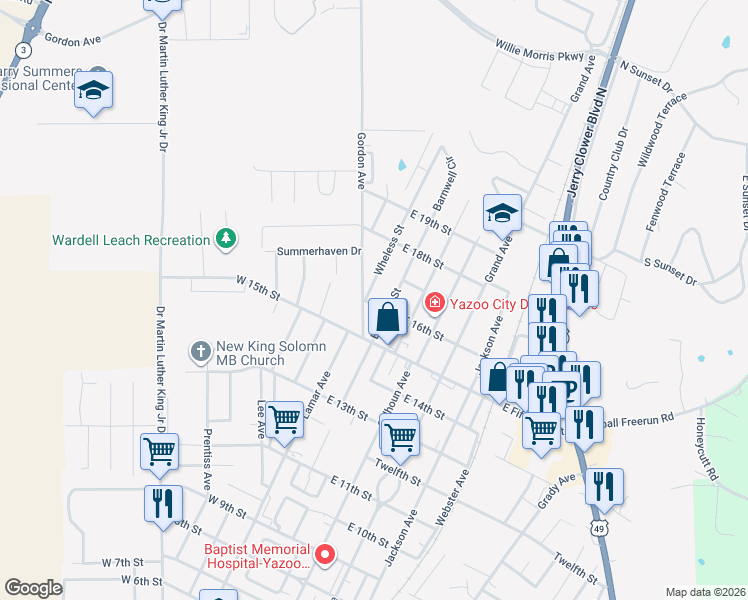 map of restaurants, bars, coffee shops, grocery stores, and more near 1531 Barnwell Street in Yazoo City