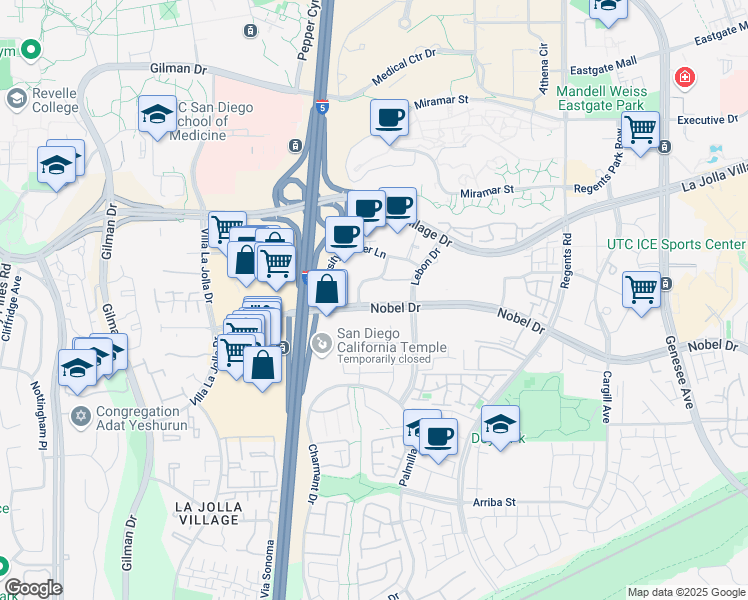 map of restaurants, bars, coffee shops, grocery stores, and more near 8889 Nobel Drive in San Diego