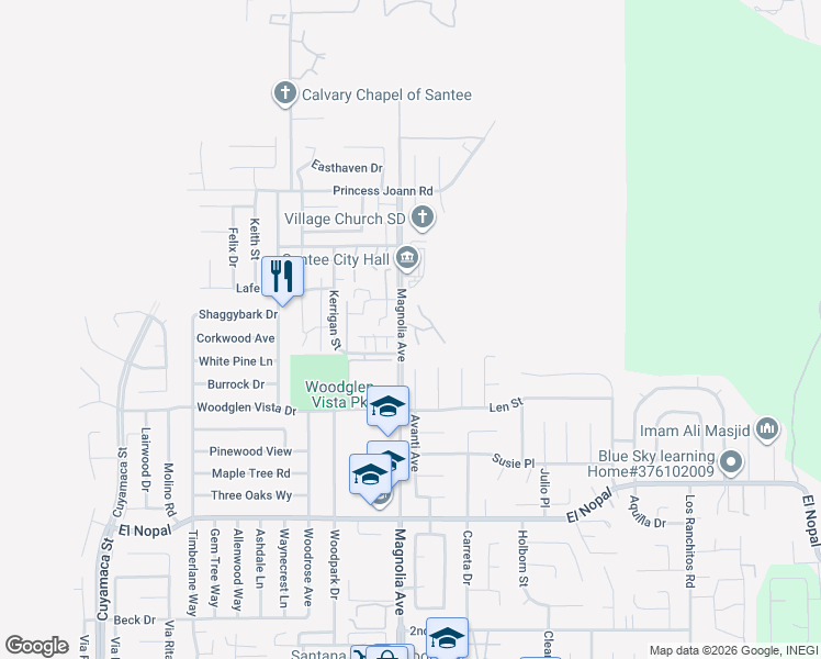 map of restaurants, bars, coffee shops, grocery stores, and more near 10500 Flora Azalea Court in Santee