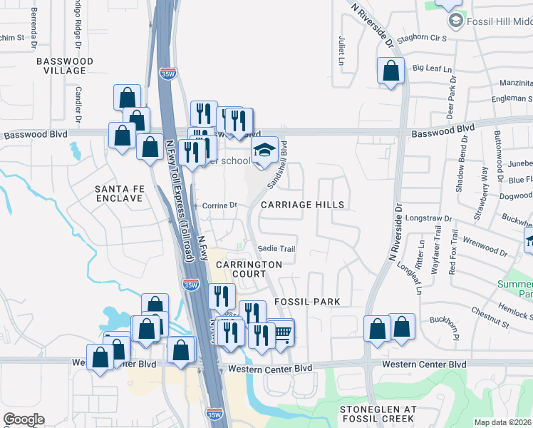 map of restaurants, bars, coffee shops, grocery stores, and more near 7044 Derbyshire Drive in Fort Worth