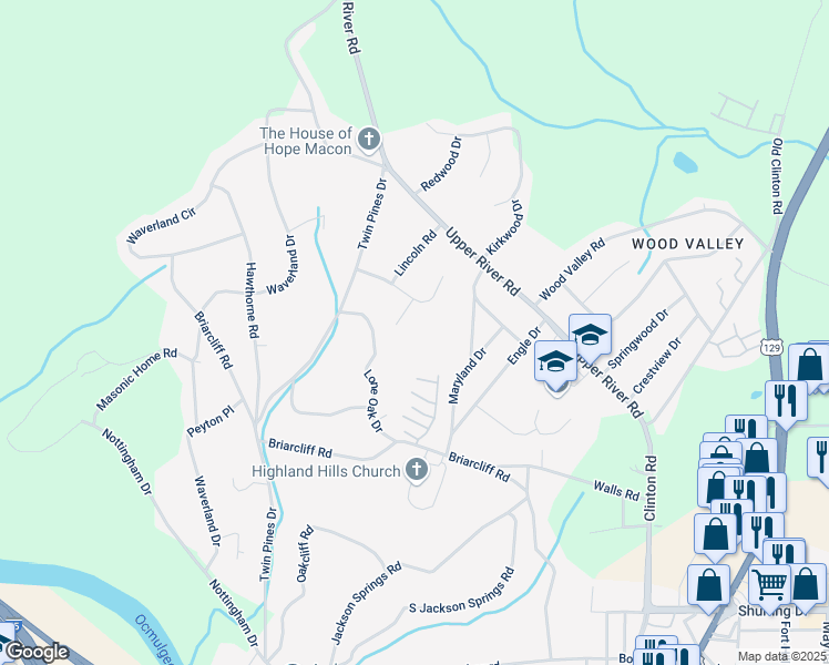 map of restaurants, bars, coffee shops, grocery stores, and more near 1783 Lincoln Circle in Macon