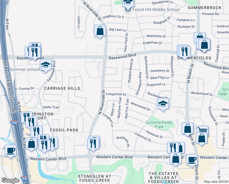 map of restaurants, bars, coffee shops, grocery stores, and more near 3729 Longstraw Drive in Fort Worth