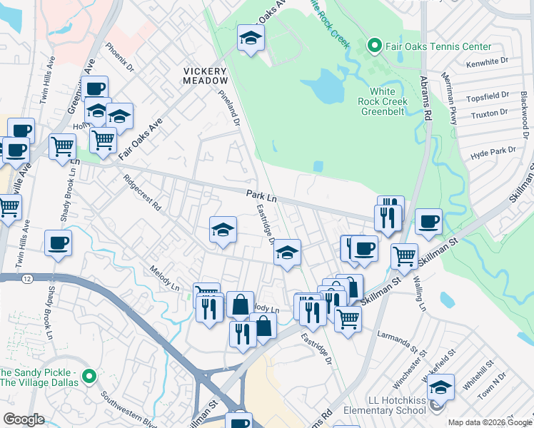 map of restaurants, bars, coffee shops, grocery stores, and more near 6745 Eastridge Drive in Dallas
