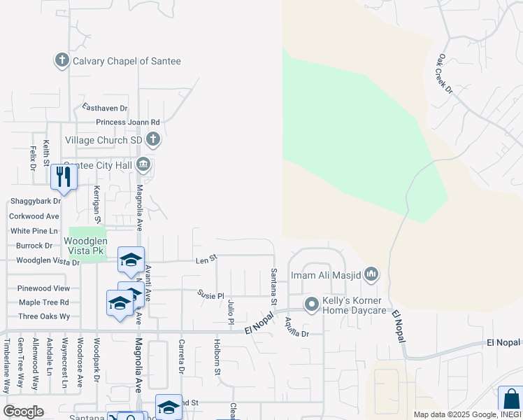 map of restaurants, bars, coffee shops, grocery stores, and more near Santana Street in Santee