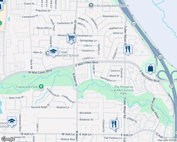 map of restaurants, bars, coffee shops, grocery stores, and more near 100 Churchill Lane in Euless