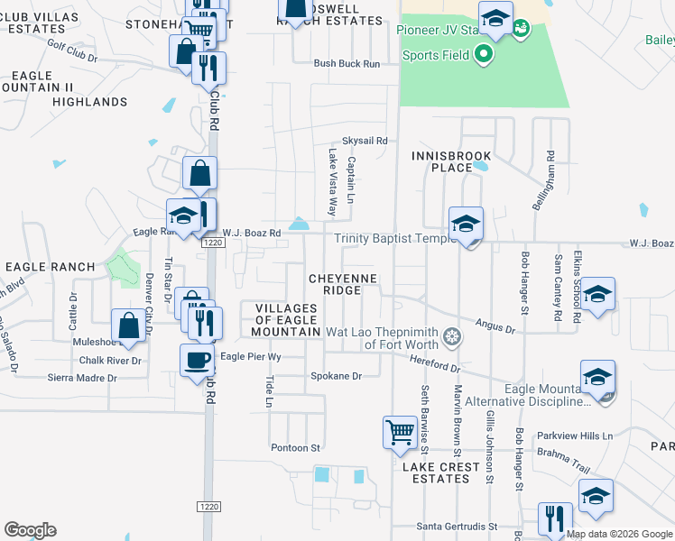 map of restaurants, bars, coffee shops, grocery stores, and more near 7209 Little Mohican Drive in Fort Worth
