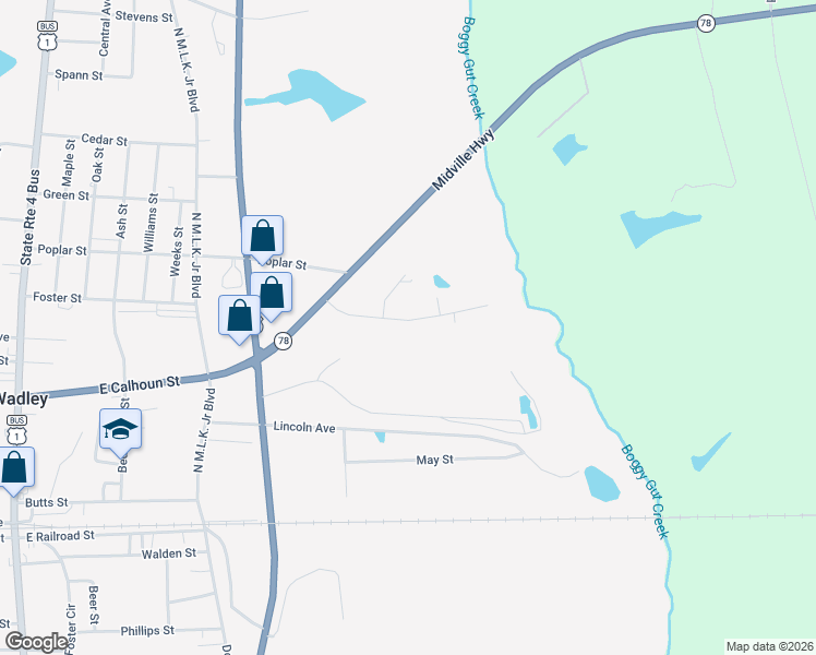 map of restaurants, bars, coffee shops, grocery stores, and more near 506 Bell Street in Wadley