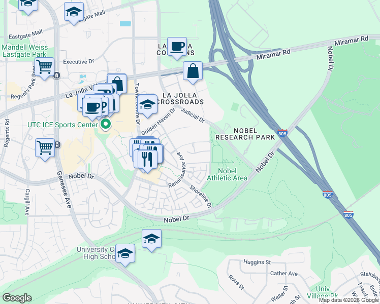 map of restaurants, bars, coffee shops, grocery stores, and more near 5295 Toscana Way in San Diego