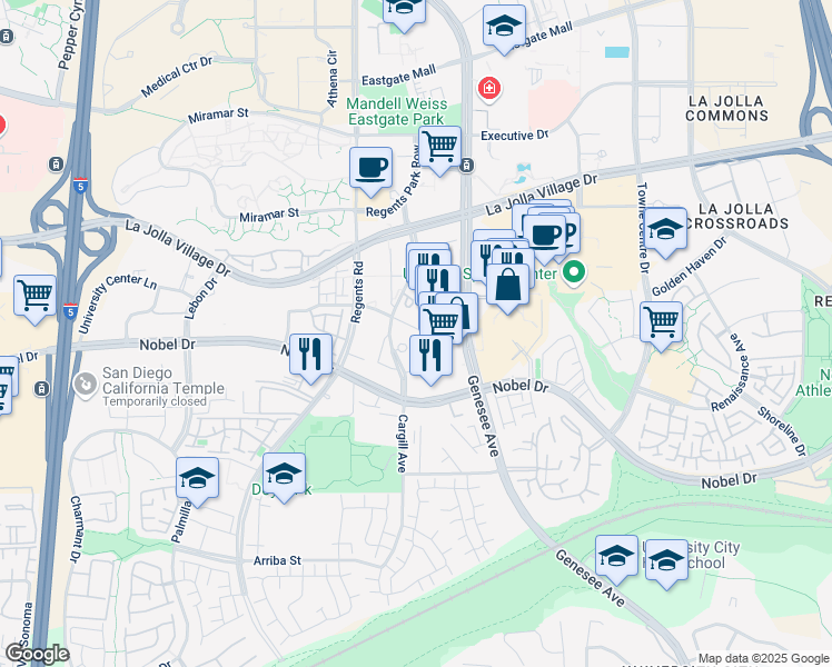 map of restaurants, bars, coffee shops, grocery stores, and more near 4171 Las Palmas Square in San Diego