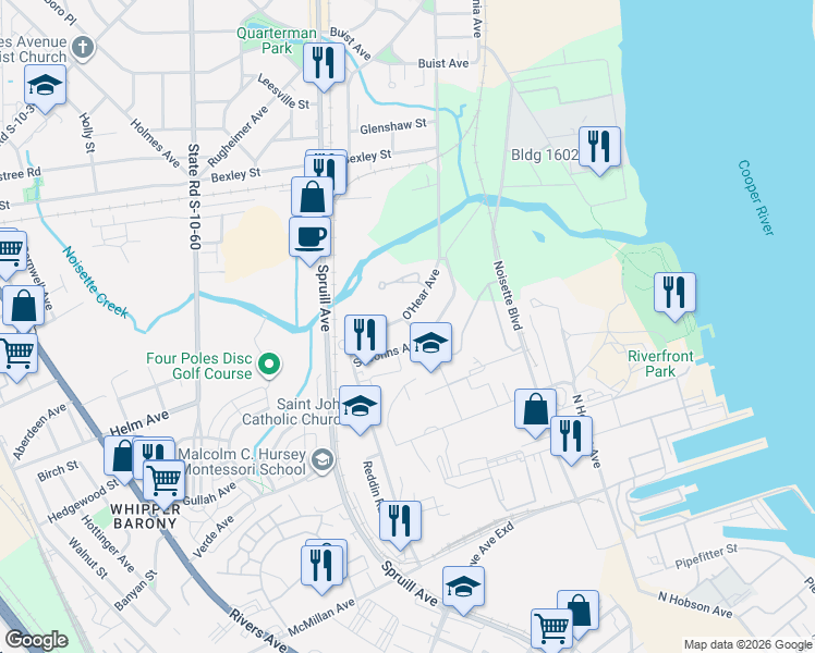 map of restaurants, bars, coffee shops, grocery stores, and more near 4063 Saint Johns Avenue in North Charleston