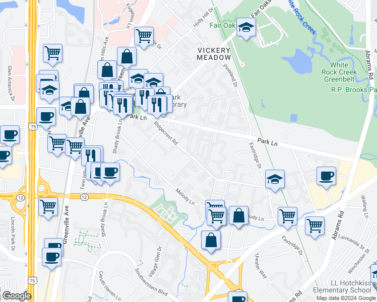 map of restaurants, bars, coffee shops, grocery stores, and more near 6117 Melody Lane in Dallas